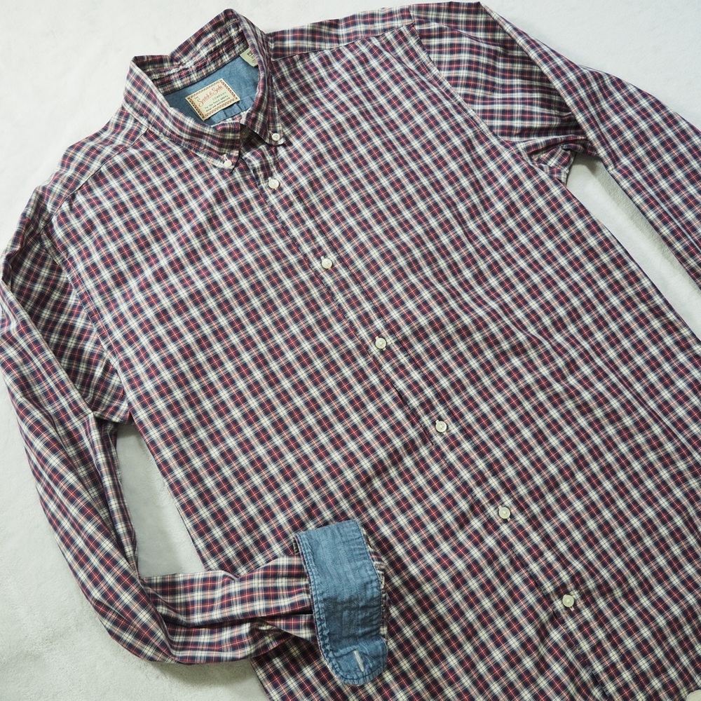 Scotch & Soda Sz XL Burgundy Navy and White Plaid Button-Down Shirt 100% Cotton